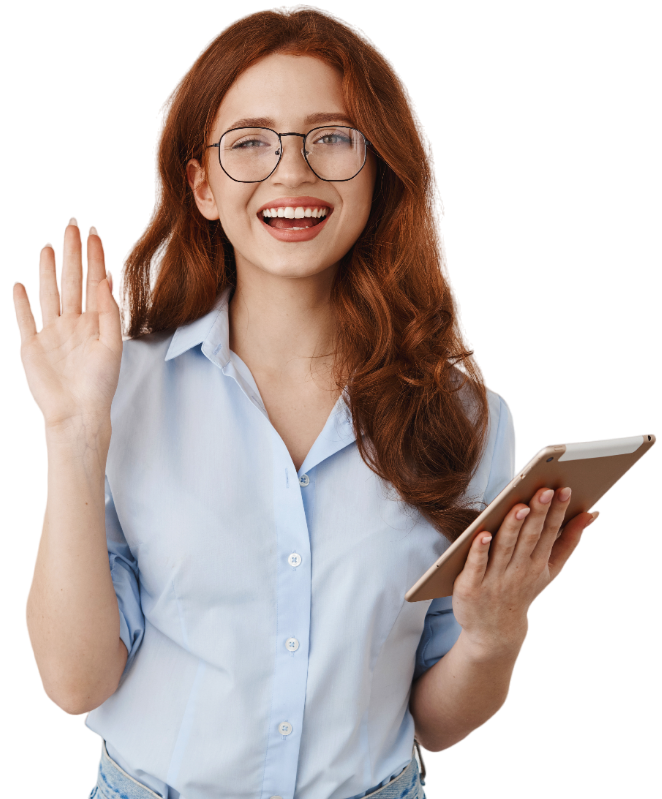 A woman with glasses. She is holding a clipboard and waving in a friendly manner.